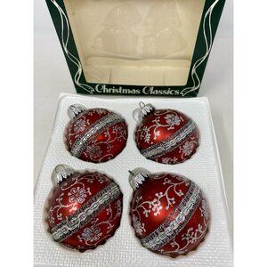 Vintage Christmas By Krebs Red Silver Ribbon Glass Ornaments Set of 4